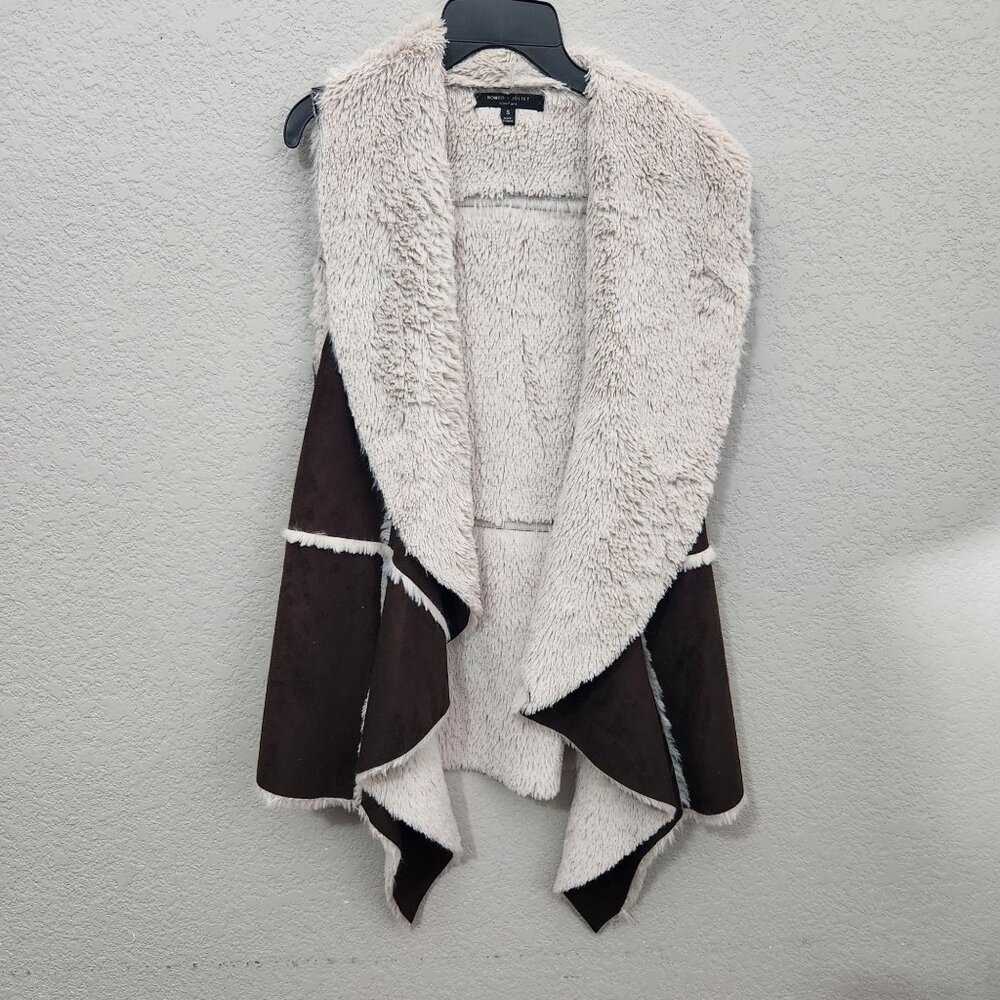 ROMEO & JULIET Women's Small Vest Casual Drape Open Front Brown & Cream Faux Fur